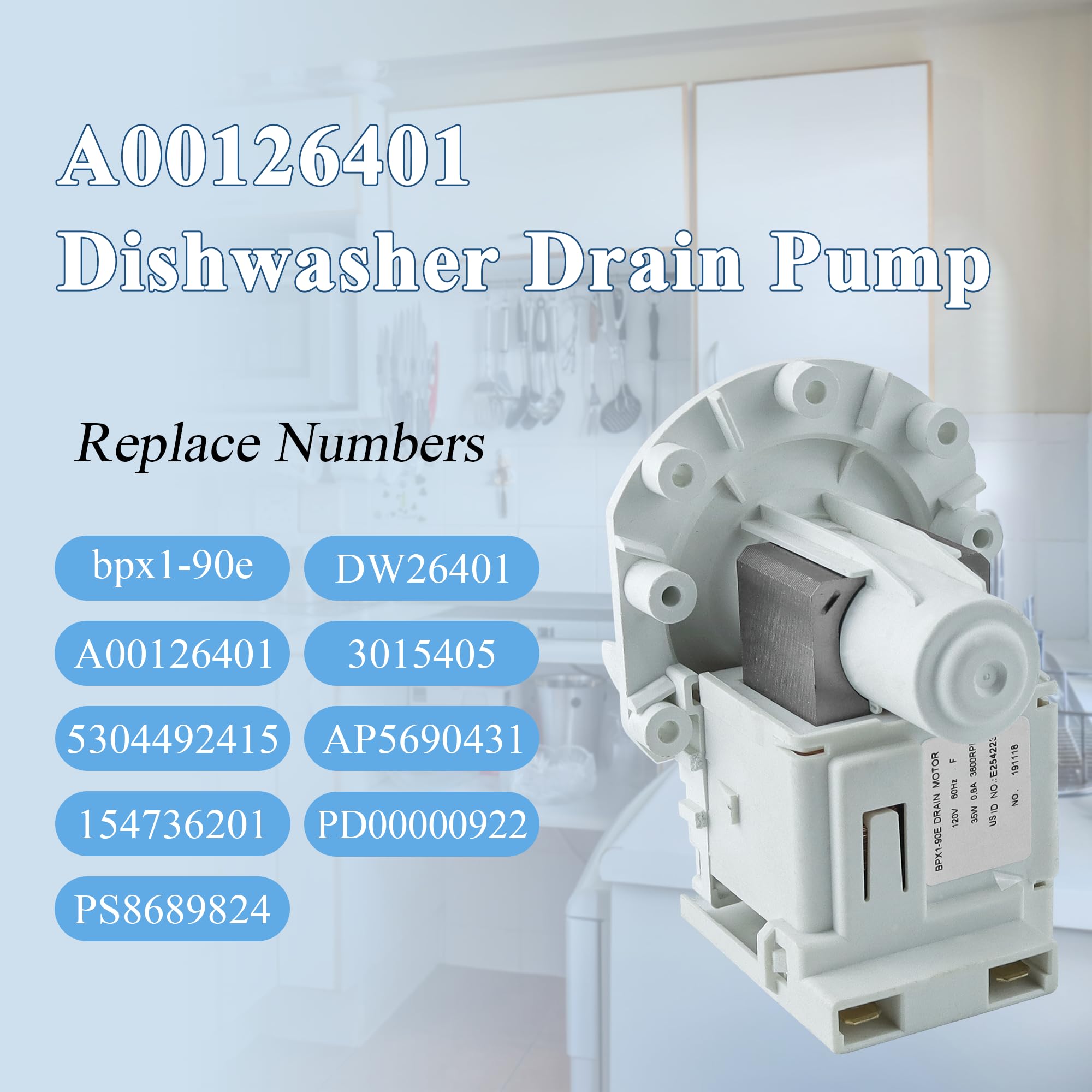 A00126401 bpx1-90e silnik pompy spustowej do zmywarki, kompatybilny ze zmywarką Frigidaire, zastępuje AP5690431 A00126401 5304492415 bpx1-90e 154736201 PS86899241 824 pary Vypart