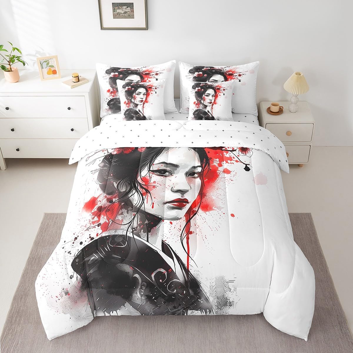 Feelyou Japanese Art Geisha Comforter Set Queen Size 7 Pieces Cherry Blossoms Bedding Set Japanese Style Japanese Tradition Aesthetic Bed in a Bag with Comforter, Sheets, Pillowcases & Cushion Cover