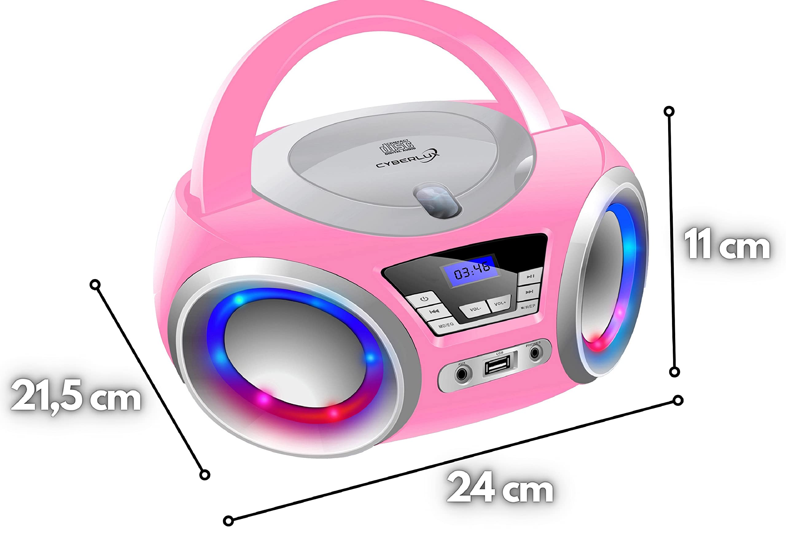 Cyberlux CD-Player mit LED-Beleuchtung, Kopfhöreranschluss, tragbares Stereoradio, Kinderradio, Stereoanlage, USB, CD/MP3-Player, UKW-Radio, Kopfhöreranschluss, Aux in Pretty Kitty Pink