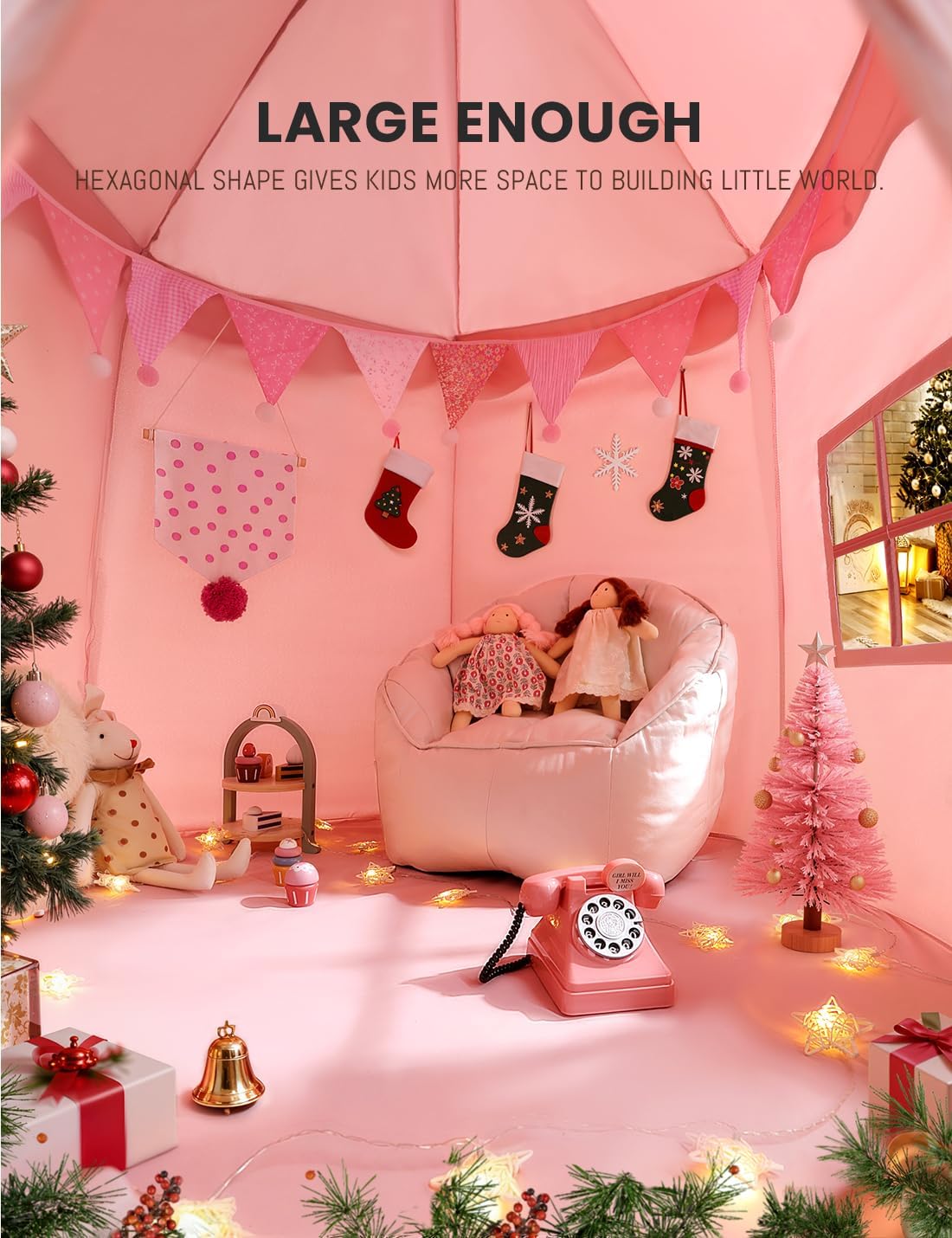 besrey Kids Play Tent, Large Kids Playhouse with 1 Door & 3 Windows, Children's Fort with Star Lights, Indoor & Outdoor Playhouse, Hexagonal Toddler Tent, 61" x31.5" x 51", Pink