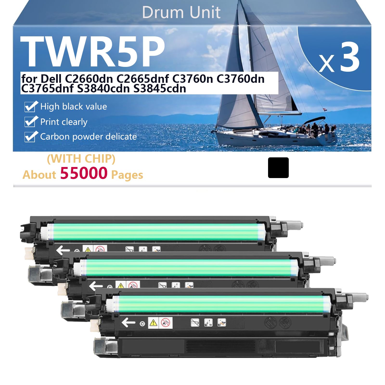 TWR5P 331-8434 59J78 Unità Tamburo di Ricambio con Chip per Dell C2660dn C2665dnf C3760n C3760dn C3765dnf S3840cdn S3845cdn Stampanti【Elevato Volume di Stampa】,Black-3 pack