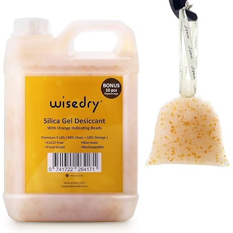 [5 LBS] Reusable Color Indicating Silica Gel Beads Desiccant Bulk with 10 Organza Bags