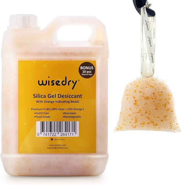 wisedry Silica Gel Beads Reusable - [ 5 LBS ] Color Indicating Rechargeable Desiccant Bulk with 10 Pcs Organza Drawstring Bags