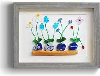 Flower Sea Glass Framed Art Decor | Handmade Beach Glass Wall/Desk Art |...