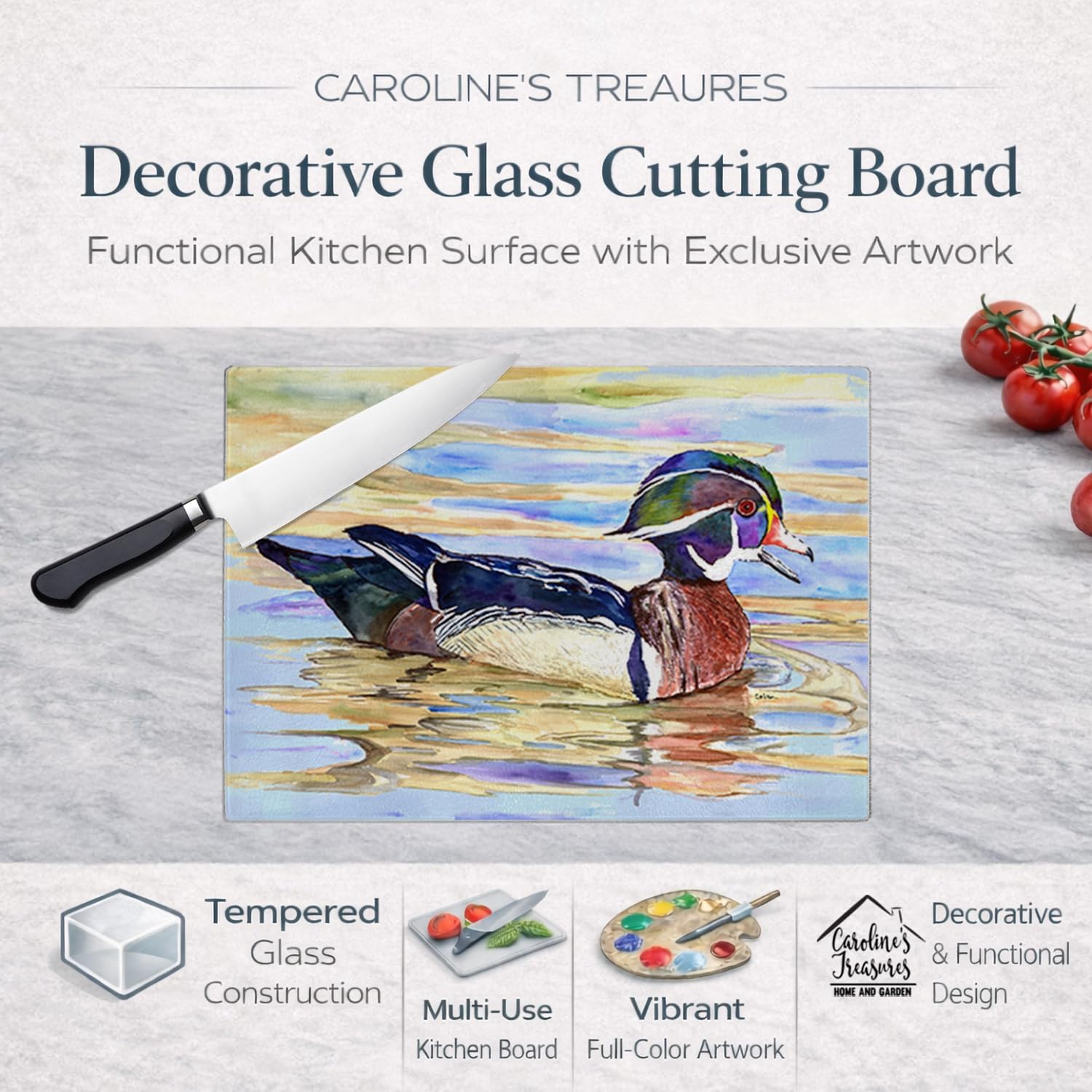Caroline's Treasures 8831LCB Wood Duck Glass Cutting Board Large Decorative Tempered Glass Kitchen Cutting and Serving Board Large Size Chopping Board