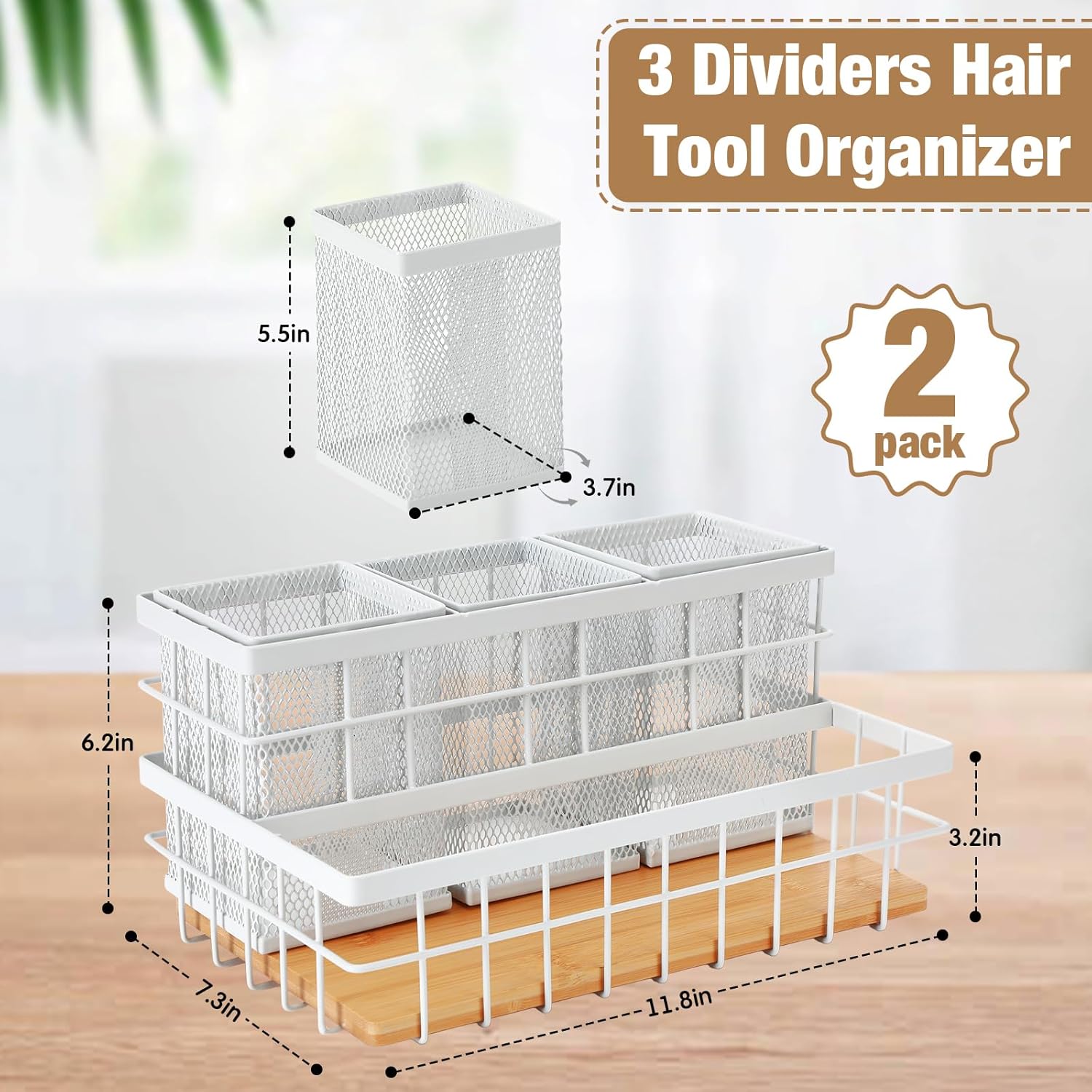 2 Pcs Hair Tool Organizer Countertop Breathable Metal & Bamboo Hot Tools Organizer Under Sink Bathroom Hair Dryer Holder Countertop Brush Comb Holder,Makeup Tray (Natural Bamboo,White)
