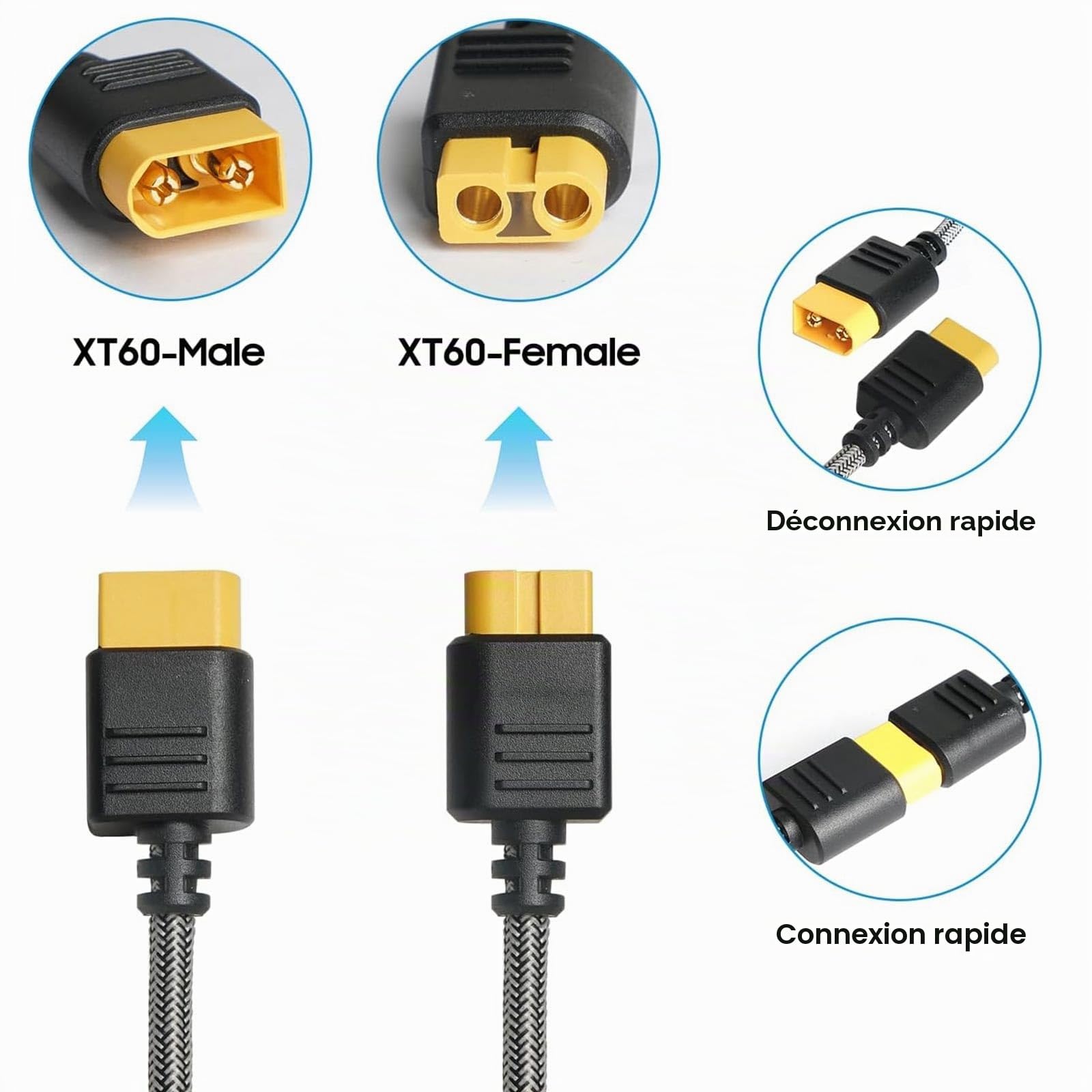 KFD XT60 Câble d'extension XT60 Chargeur Câble pour EF ECOFLOW DELTA River 2 station d'alimentation portable ALLPOWERS R600 Anker SOLIX C1000 Générateur solaire 16AWG connecteur mâle vers femelle