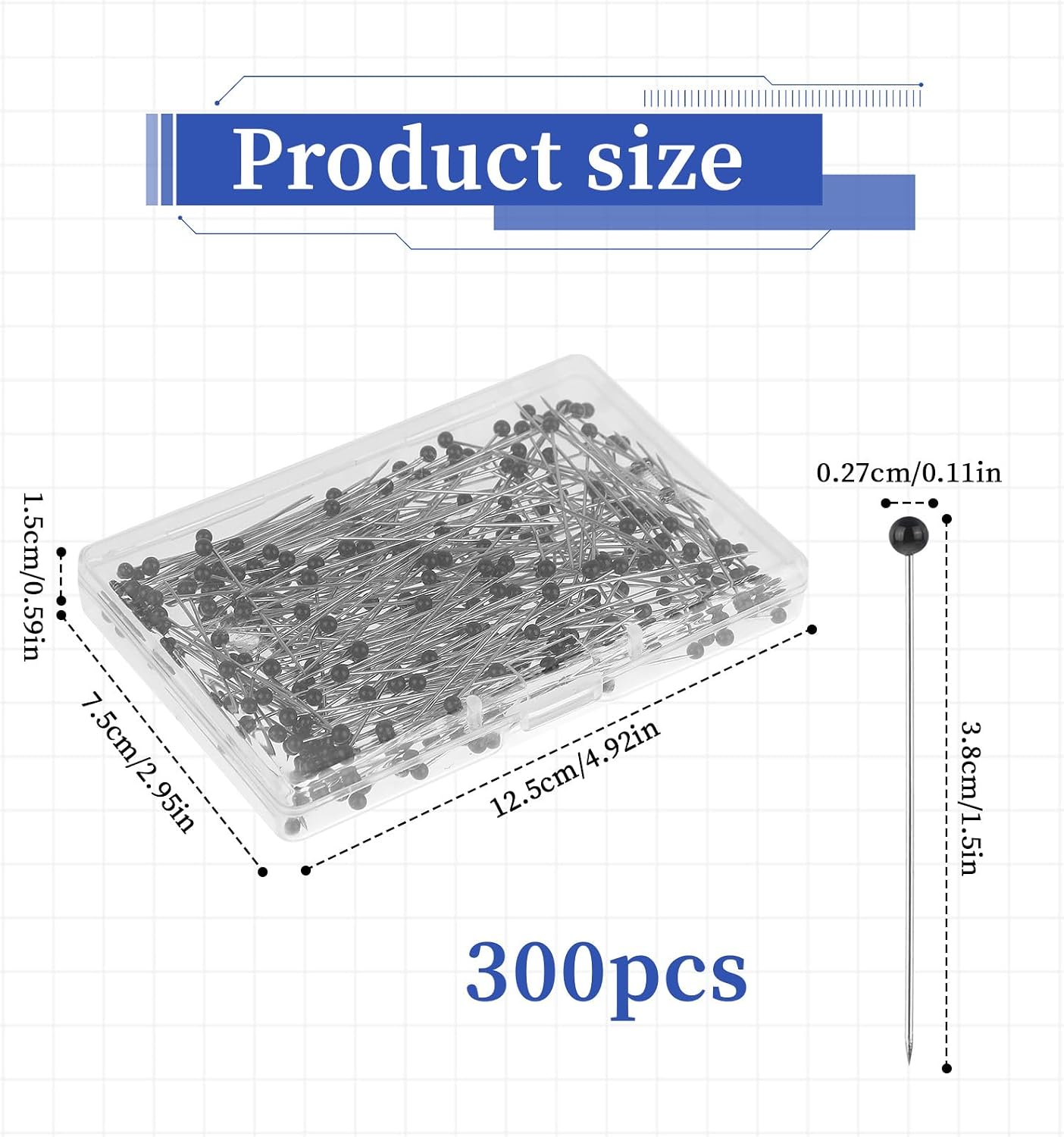 300 PCS Straight Pins Sewing Pins for Fabric, Black Pearlized Ball Head Pins, Long 1.5inch Dressmaker Pins for Fixing Sewing Markers, Jewelry DIY, Tailoring, Craft Decoration