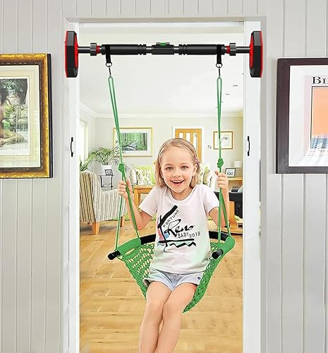 Miniatura 3 de ROPECUBE Columpio tejido a mano para niños pequeños + barra de dominadas para puerta (barras de entrenamiento de ancho ajustable), asiento de