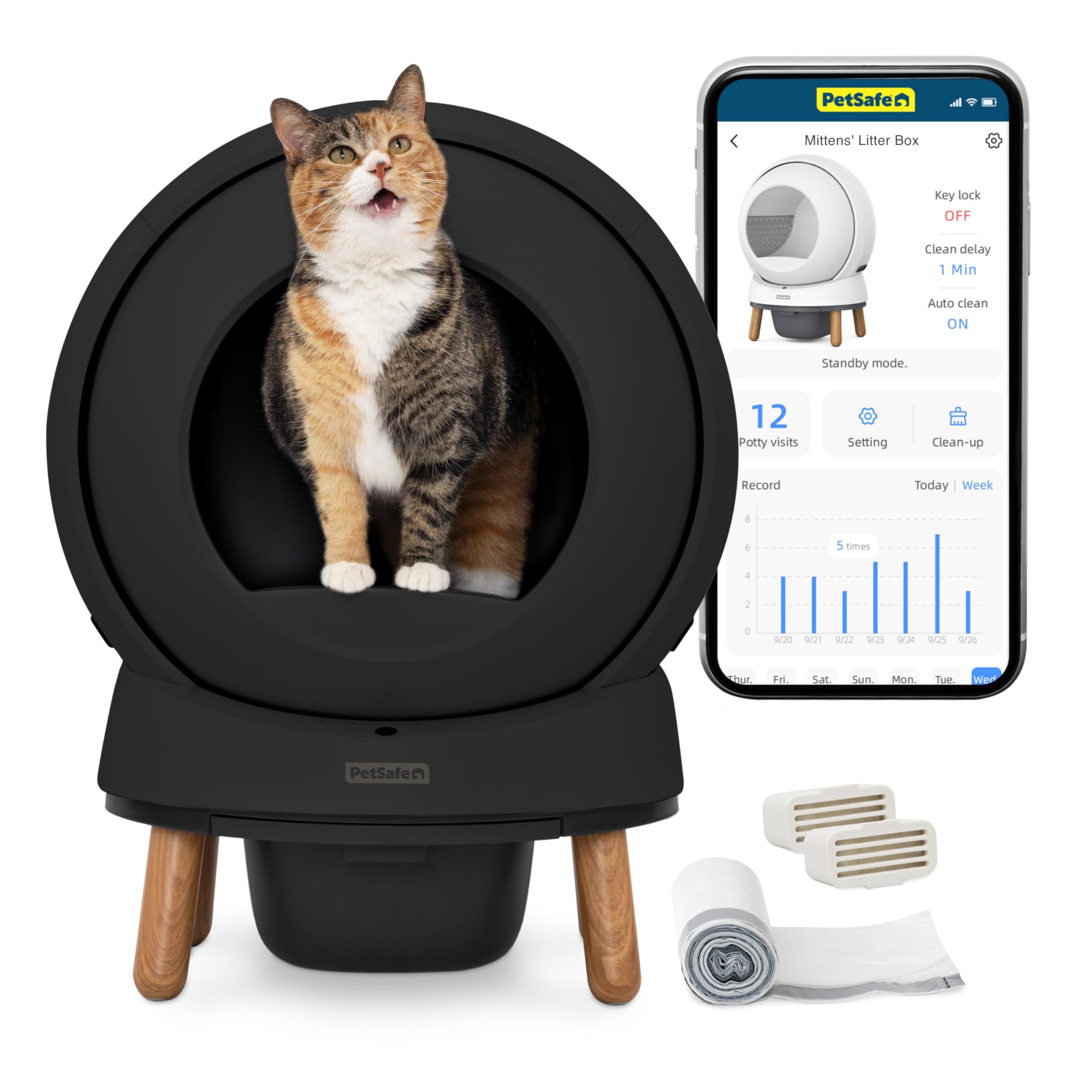 PetSafe ScoopFree SmartSpin Self-Cleaning Cat Litter Box, Black – Advanced Odor Control, App Controlled with Health Monitoring, Works with Any Litter, Up to 2 Weeks of Hands-Free Cleaning