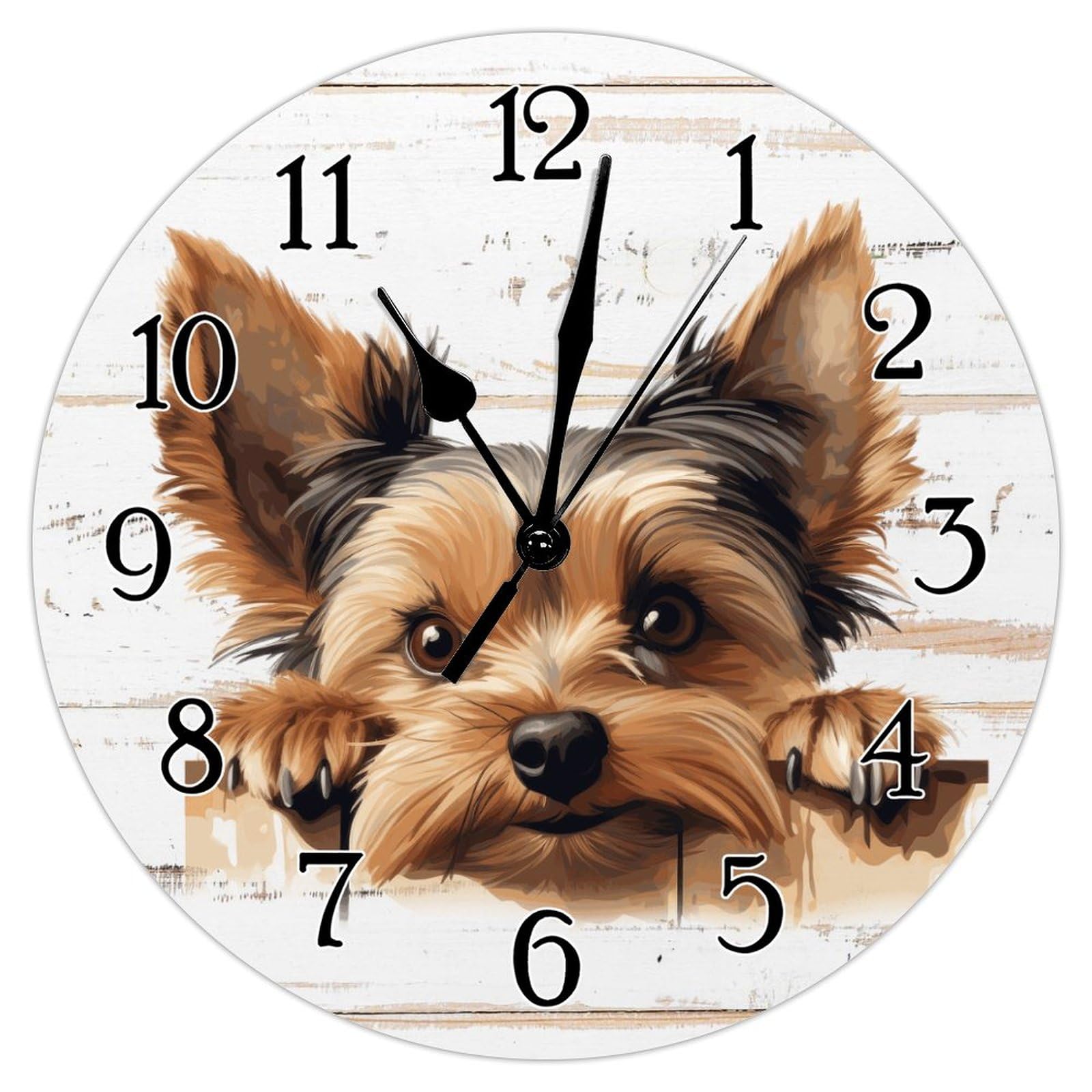 Swavecat Yorkshire Terrier Cute Funny Peeking Dog Puppy Clocks Home Decorative Clocks Battery Operated Round Clock Dog Memorial Wooden Wall Clock For Bedroom 10X10in