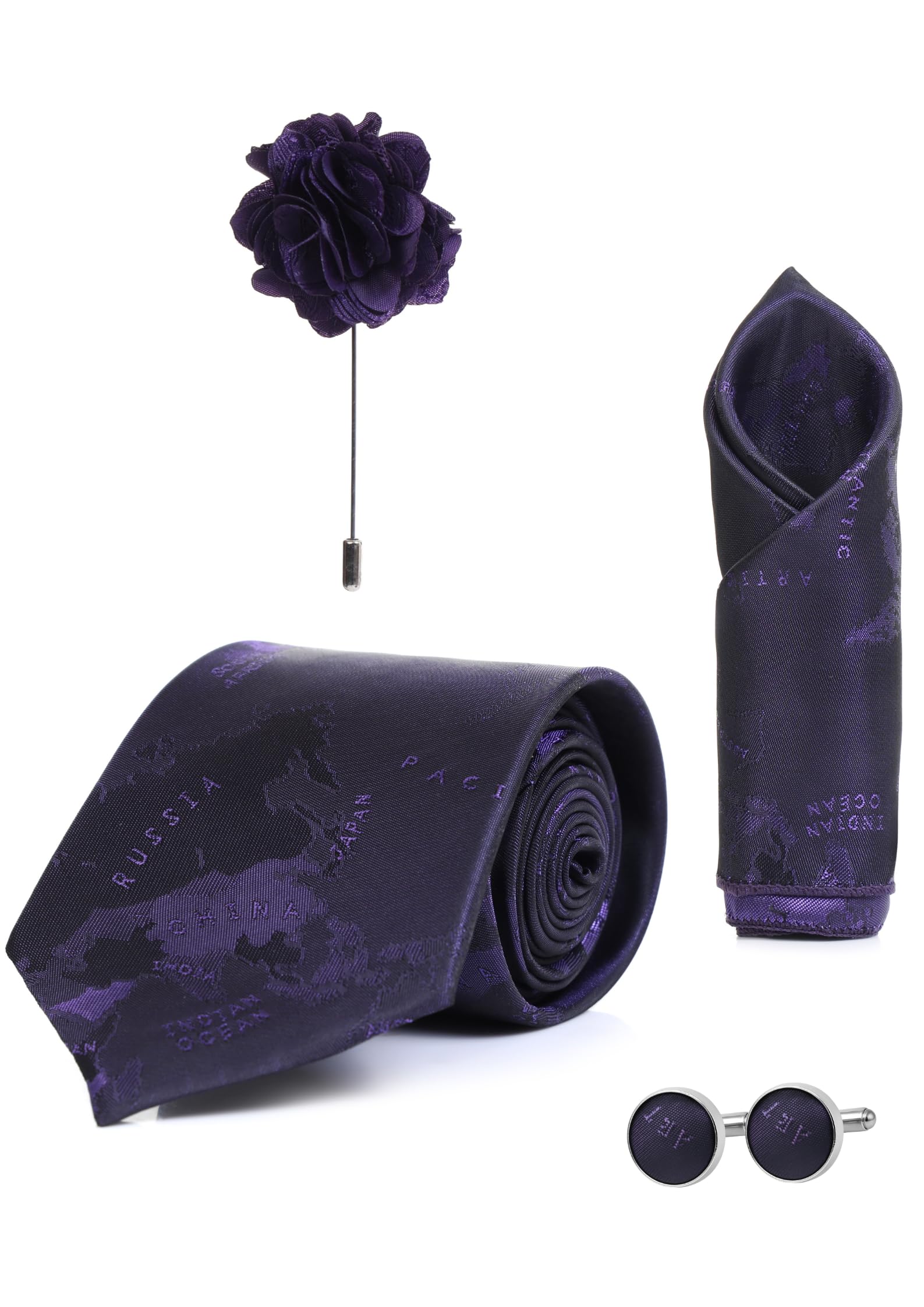 Random Stripe Necktie Set For Men With Pocket Square Lapel Pin Flowar & Cufflink Pair With Gifted Box (4 items in Box)-picture-27