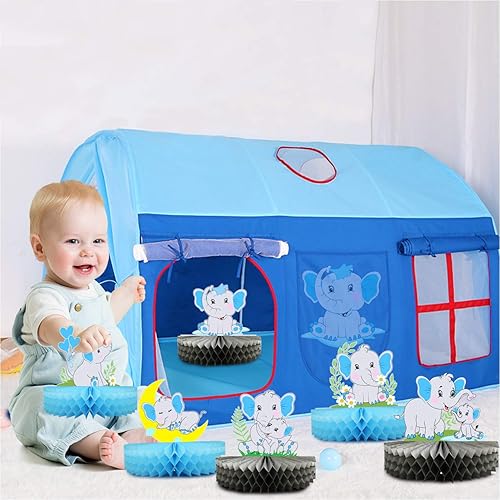 Miniatura 6 de Mity rain Paquete de 6 centros de mesa de nido de abeja de elefante azul, decoración de mesa de elefante de doble cara, recortes de maní pequeño