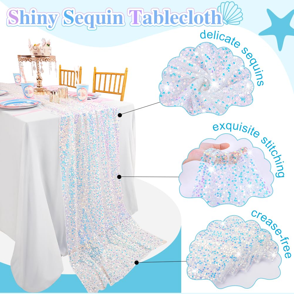 4er Set Elegante Tischläufer Schillernd Weiße Pailletten Tischband – 63 x 300 cm für Outdoor Hochzeitstisch Taufefeier Festliche Meerjungfrau Party Tischdeko (4 Stück)