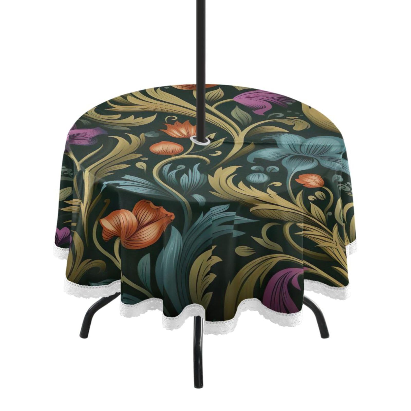 Wajiw 60 Inch Indoor Outdoor Round Tablecloth with Umbrella Hole and Zipper Waterproof Patio Table Cover for Camping Dining Room Party Outdoor Picnic,Floral