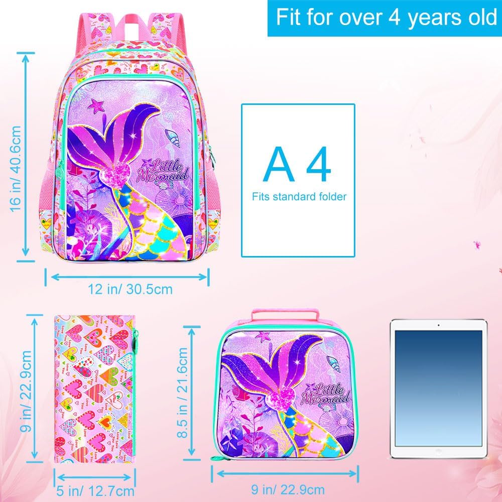 UFNDC 3PCS Girls Mermaid Backpack Set with Lunch Box, 16" Water Resistant Rainbow Fishtail School Bag for Elementary Preschool
