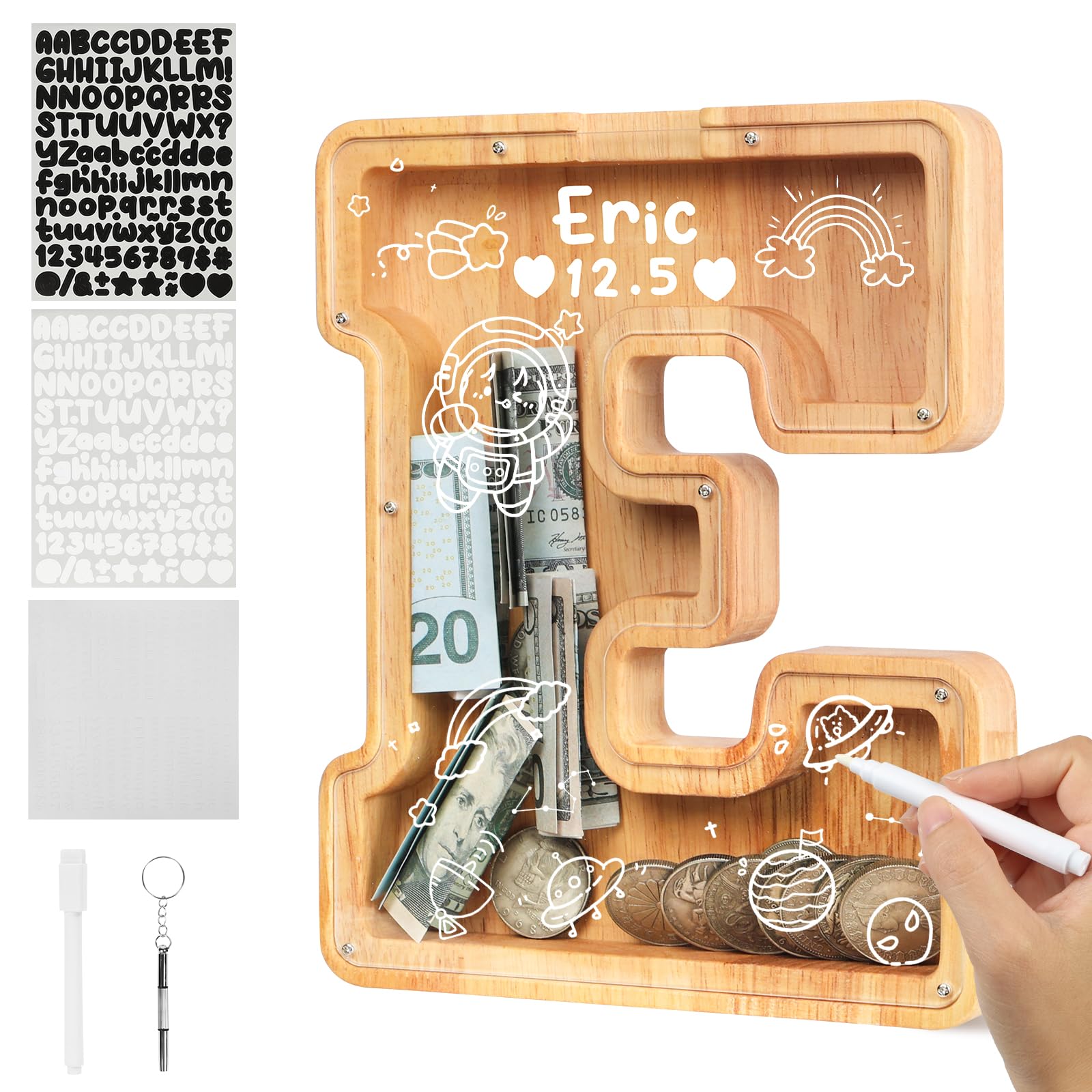 flintronic Wooden Money Box for Kids, Personalised Letter Money Box, Clear Alphabet Money Bank Coin Bank for Boys Girls Toddler, for Birthday, Christmas (E)