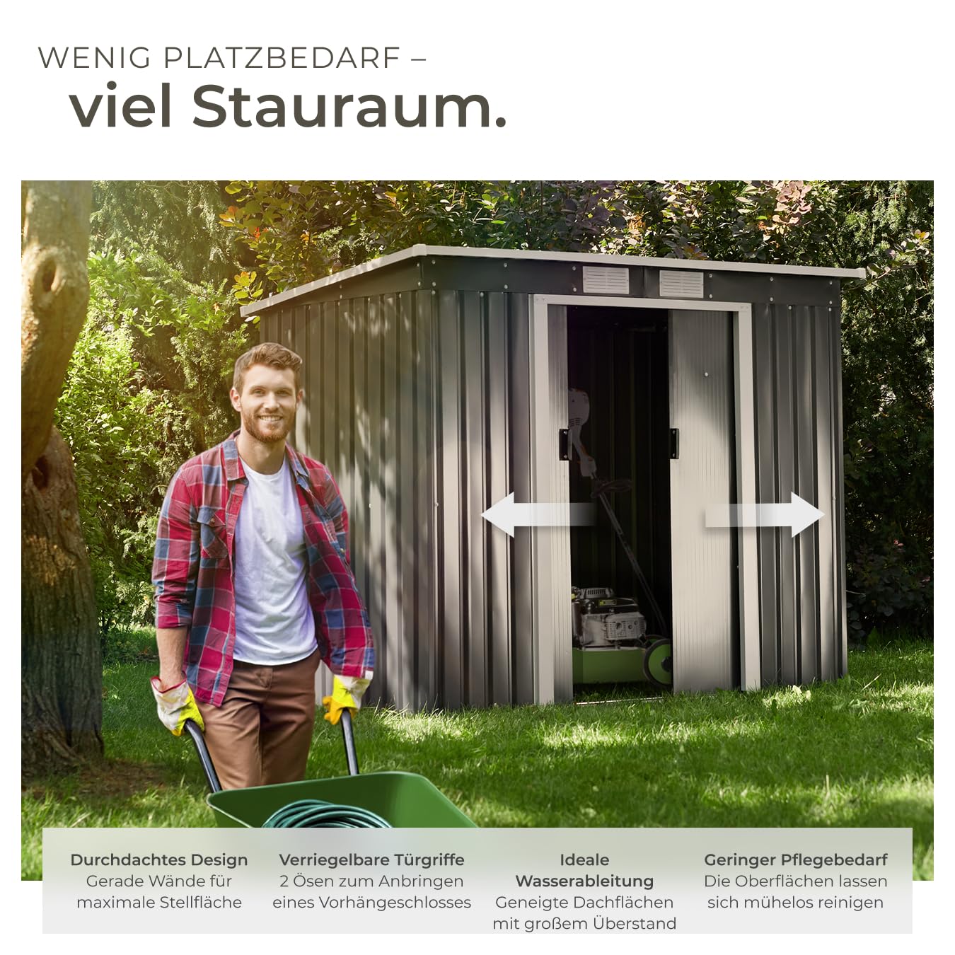 tectake® Metall Gartenhaus mit Schrägdach, Geräteschuppen Garten mit Schiebetür, Gerätehaus mit Metallfundament, als Gartenschuppen, Gartenhütte oder Fahrradgarage, 4 m³ Lagerfläche - grau/weiß
