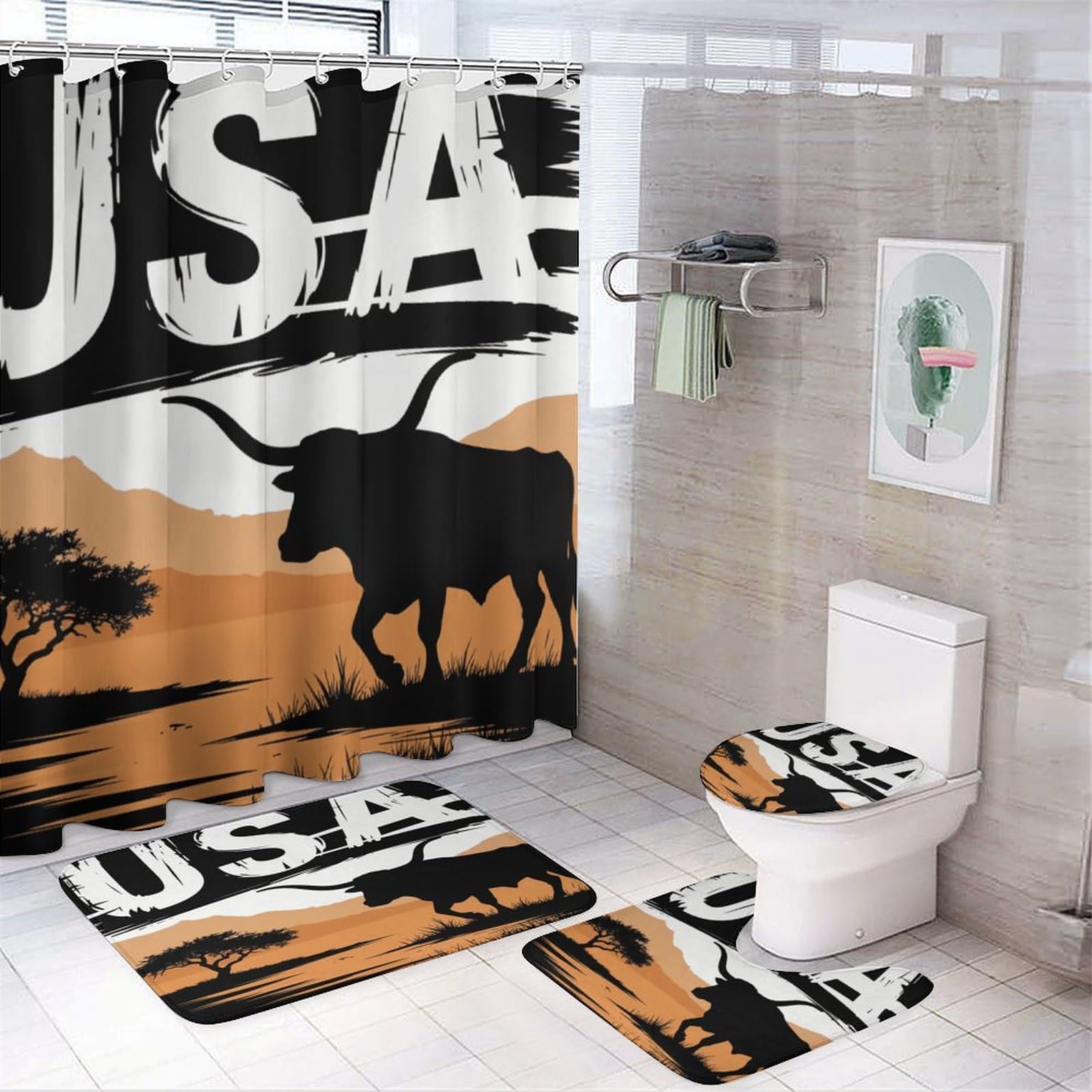 4Pcs Americana Bull Tree USA Mountain Shower Curtain 72W X 72L, Toilet Lid Cover Non-Slip Rugs and U-Shaped Mat, Rustic Water Grass Bathroom Decor Set with 12 Hooks