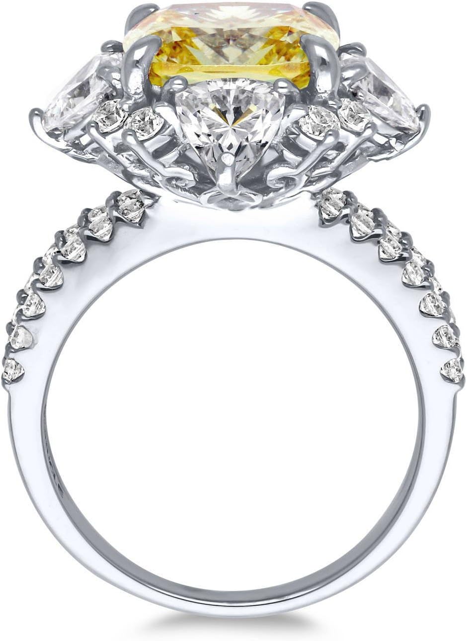 BERRICLE Sterling Silver Halo Canary Yellow Cushion Cut Cubic Zirconia CZ Statement Flower Cocktail Fashion Split Shank Ring for Women, Rhodium Plated