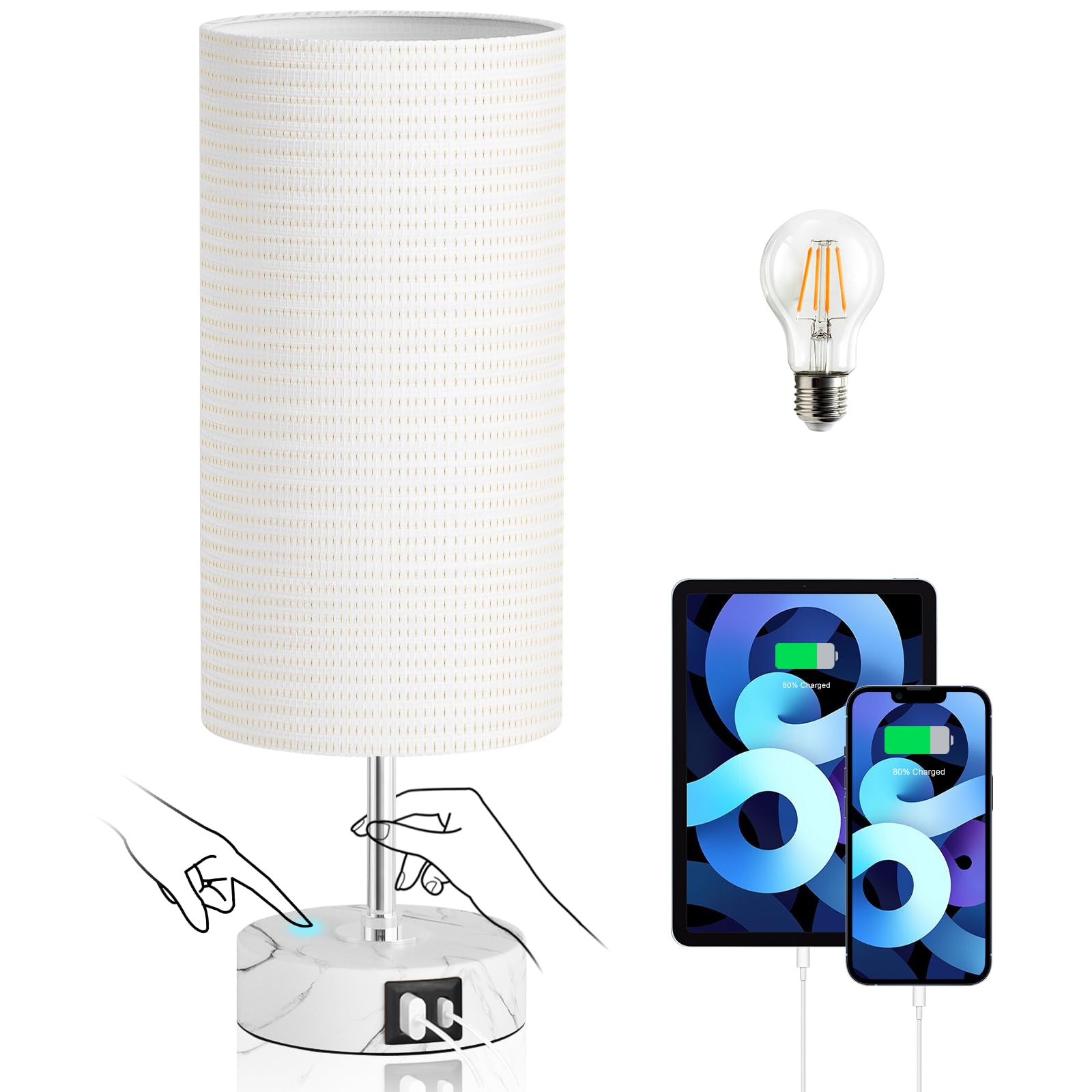 LuxeBeam 3-Way Dimmable Bedside Touch Lamp - USB-C and USB-A Ports, Faux Marble Base, White Shade with Silver Thread, Includes 8W LED Bulb for Bedroom, Living Room, Desk