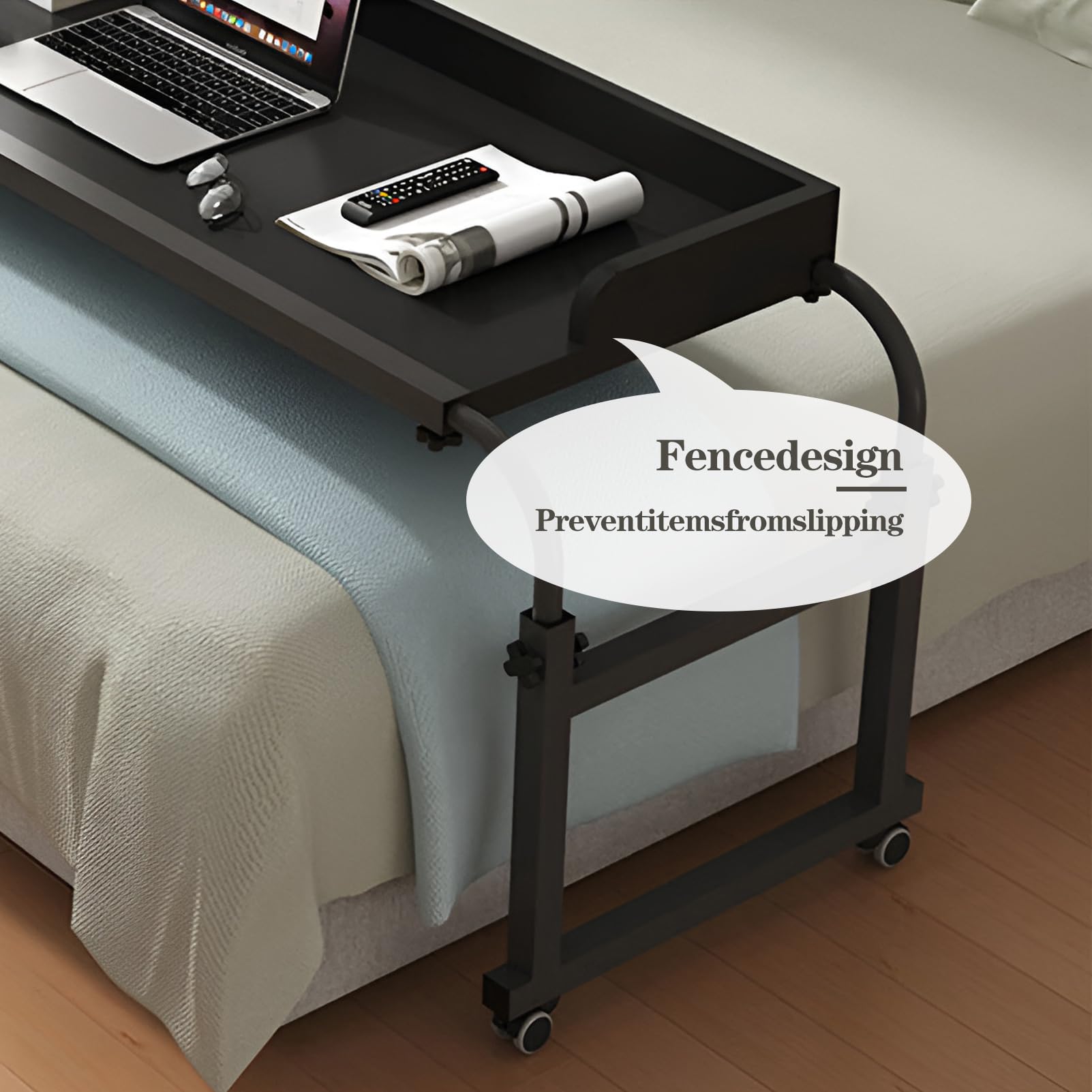 Tavolino da Letto Regolabile in Altezza e Lunghezza con 4 Ruote bloccabili, postazioni di Lavoro mobili per Computer per Uso Domestico e Ufficio (Nero Opaco, 47,2" P x 17,3" L x 25,6-37,4")