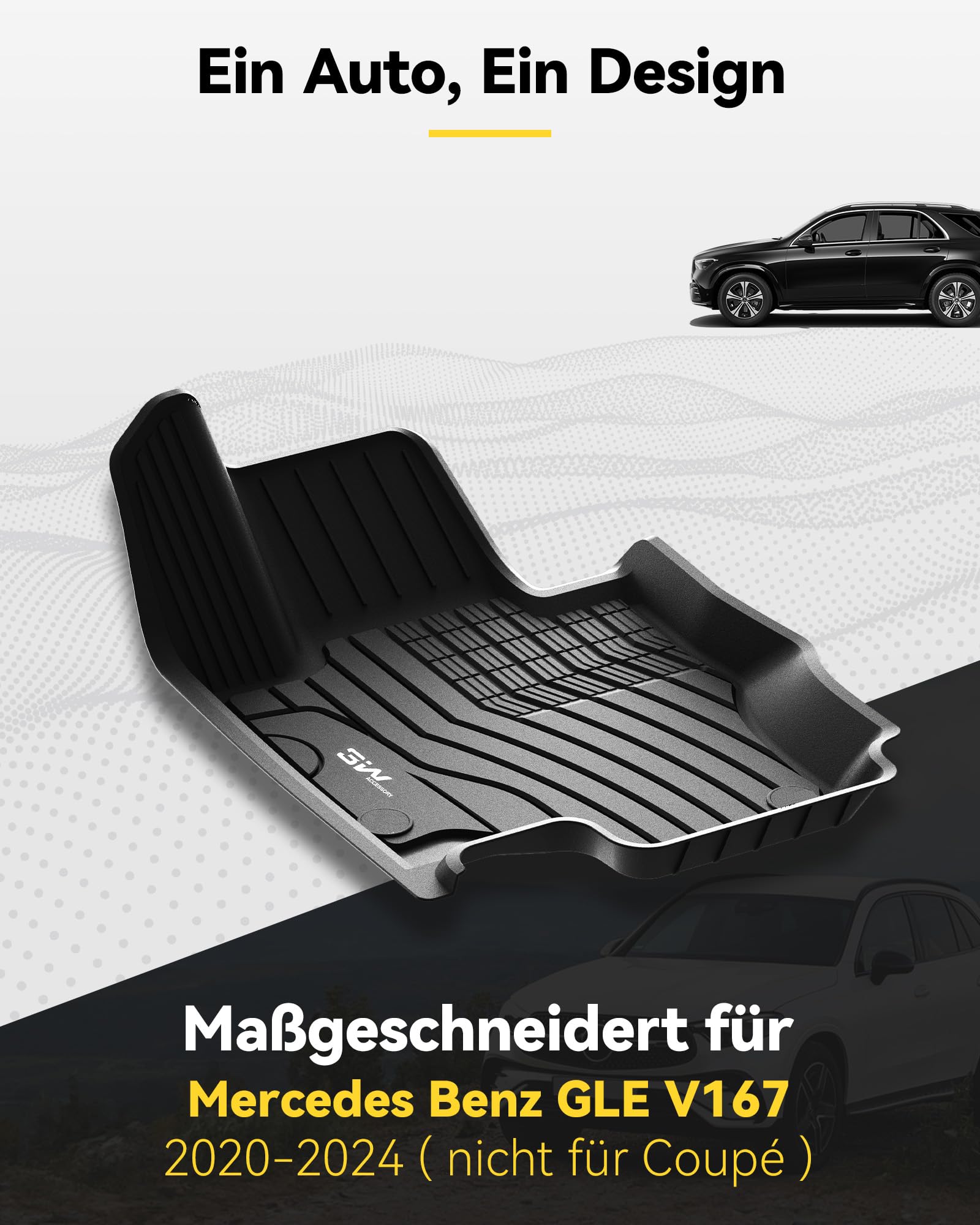 3W Fußmatten und Kofferraumwanne für Mercedes Benz GLE V167 2020-2026 (Non Coupe), TPE Allwetter Maßgeschneiderte Fußmatten 1-2 Reihen und Kofferraummatten Komplettset Benz GLE Autofußmatten Zubehör