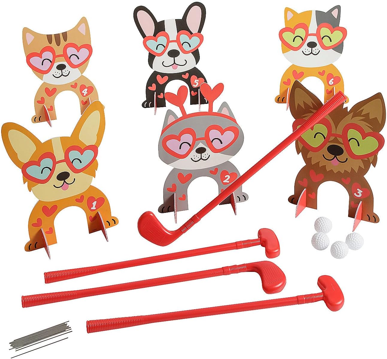 Fun Express 26 Pieces Valentine's Day Pets Indoor or Outdoor Mini Golf Set for 4