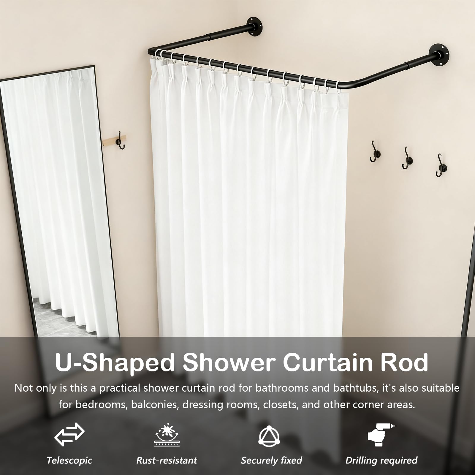 Barra De Ducha, Forma De U Barra De Ducha Ajustable Para Cortina De Duchas 70-95 Cm Barras De Duchas Para BañEra Sin Taladro Soporte Negro Para Cortina De Ducha Montaje En Techo