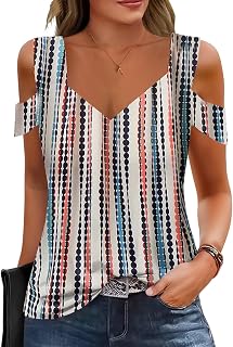 Womens Short Sleeve Tops Casual V Neck Cold Shoulder Comfy T Shirts Trendy Basic Tunics Tank Top
