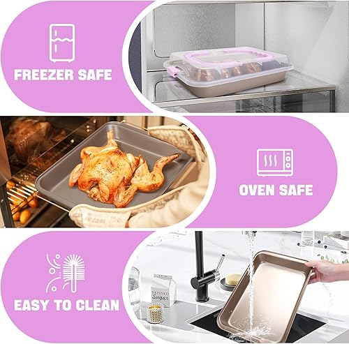 Miniatura 2 de Molde rectangular para pasteles con tapa, bandeja para hornear de 9 x 13 pulgadas con tapa y asa, antiadherente para hornear y asar y cocinar,