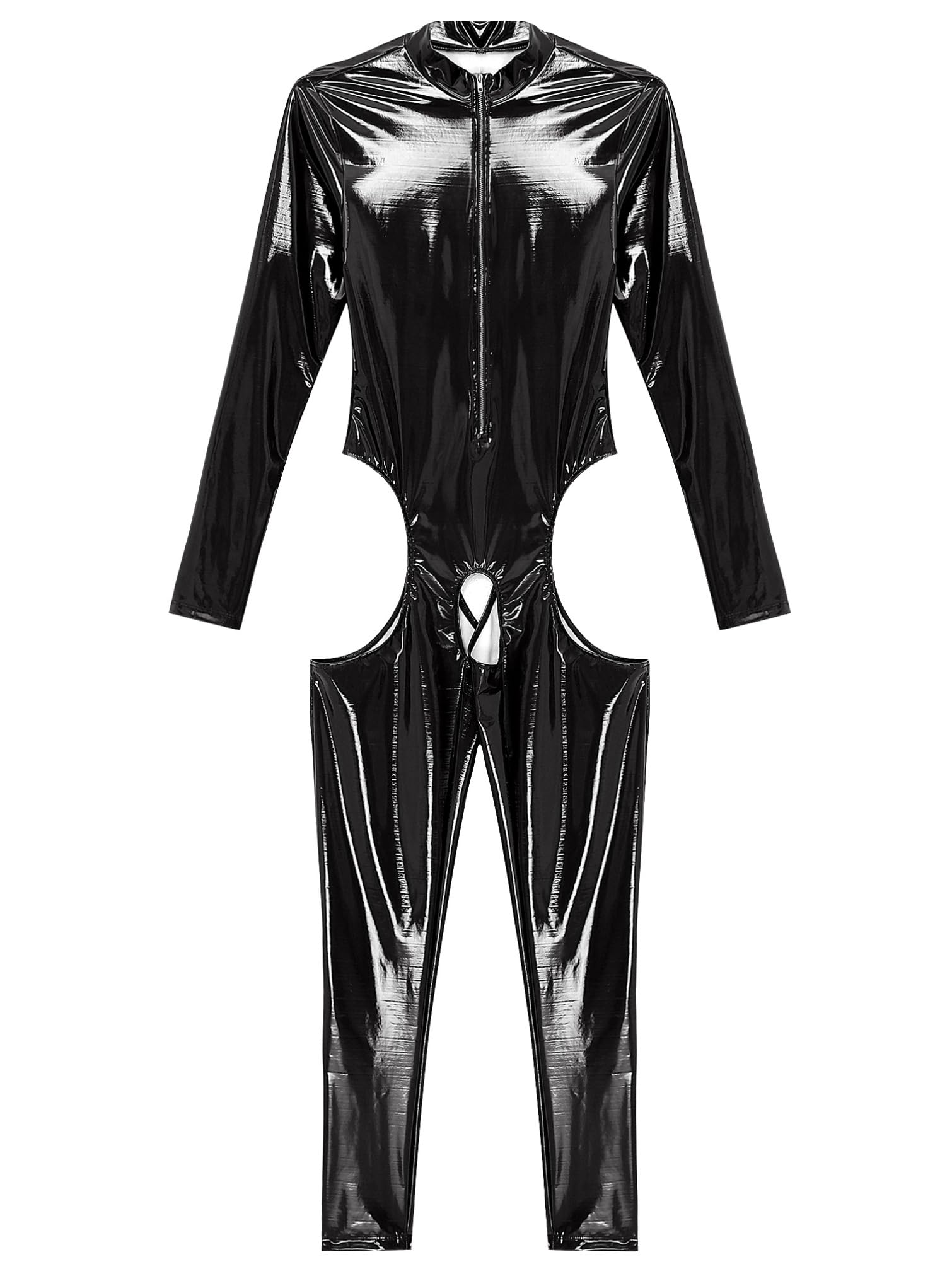TiaoBug Damen Wetlook Bodysuit Ouvert Hose Latex Catsuit Lack Leder Overall Jumpsuit Langarm Shirt Top Hot Pants Sexy Dessous Gogo Clubwear