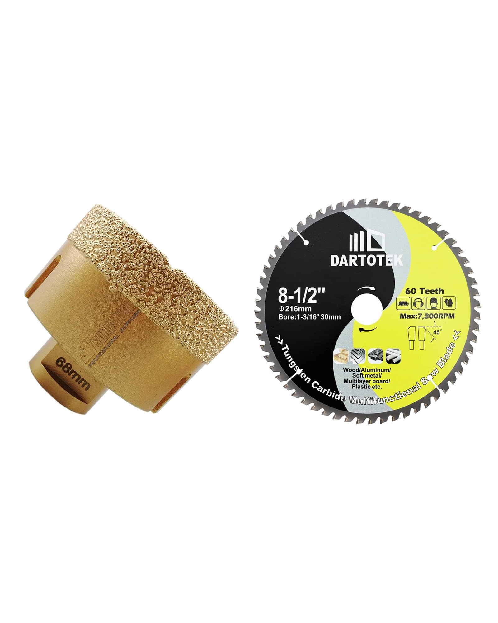 Forets diamant 68mm et lame scie circulaire TCT DARTOTEK pour percer sans casser