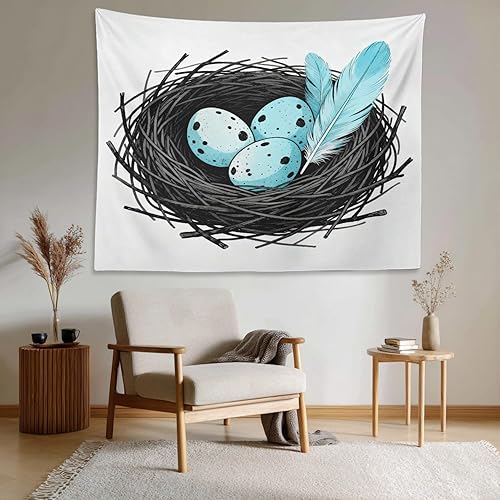 Miniatura 3 de Shrahala Tapiz de pared con diseño de nido de pájaros y animales azules, grises y blancos, lindos huevos de petirrojos, para colgar en la pared,