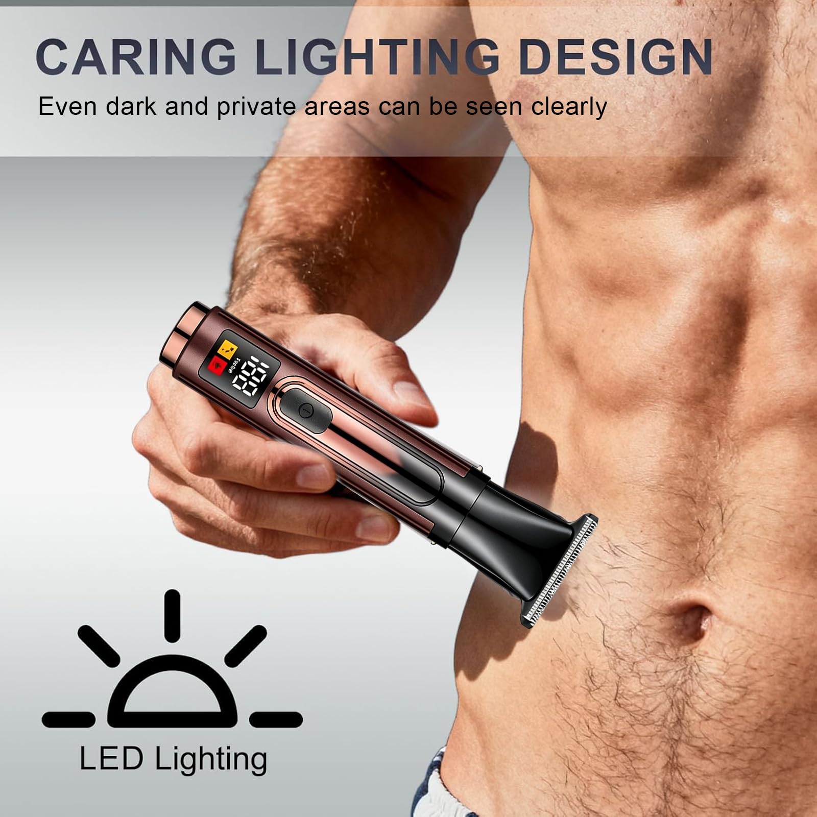 Tondeuse Corps Homme 5en1, Éclairage LED & Lames R Anti-Coupure, 2 Vitesses Turbo, Bras Télescopique 50cm, Écran LED Rappel Huile, IPX7 Étanche pour Dos Intime Nez Oreilles