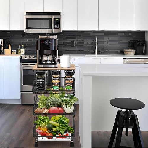 Miniatura 2 de Carrito de cocina con ruedas y parte superior de madera, organizador de cesta de alambre de 4 niveles para frutas, verduras, despensa, apilable,