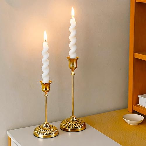Miniatura 6 de BEAHOT Juego de 6 portavelas cónicos de metal dorado, elegantes portavelas antideslizantes decorativos con apagador de velas a juego, para centro de