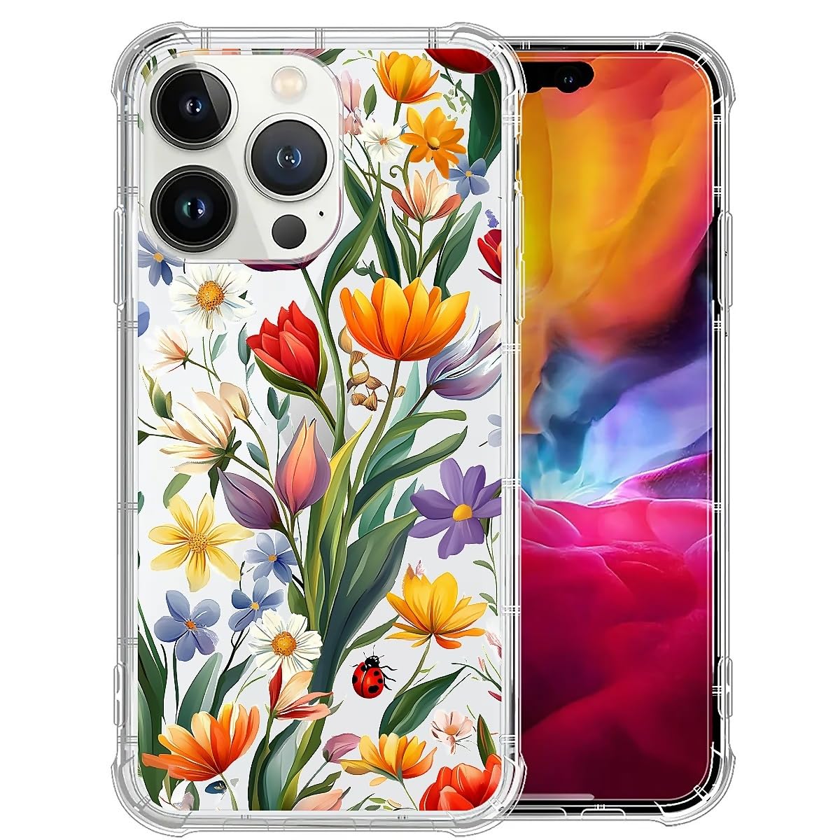 Yuning419 Compatible with iPhone 15 Pro Max Case,Soft TPU Transparent Shockproof Protective Cover Clear Case for iPhone 15 Pro Max,Ladybug Flower
