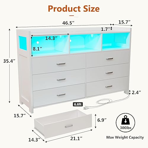 Miniatura 2 de Alohappy Cómoda de 6 cajones con estación de carga y luces LED, cómoda con espacio de almacenamiento abierto, cómoda moderna de doble cajón ancho