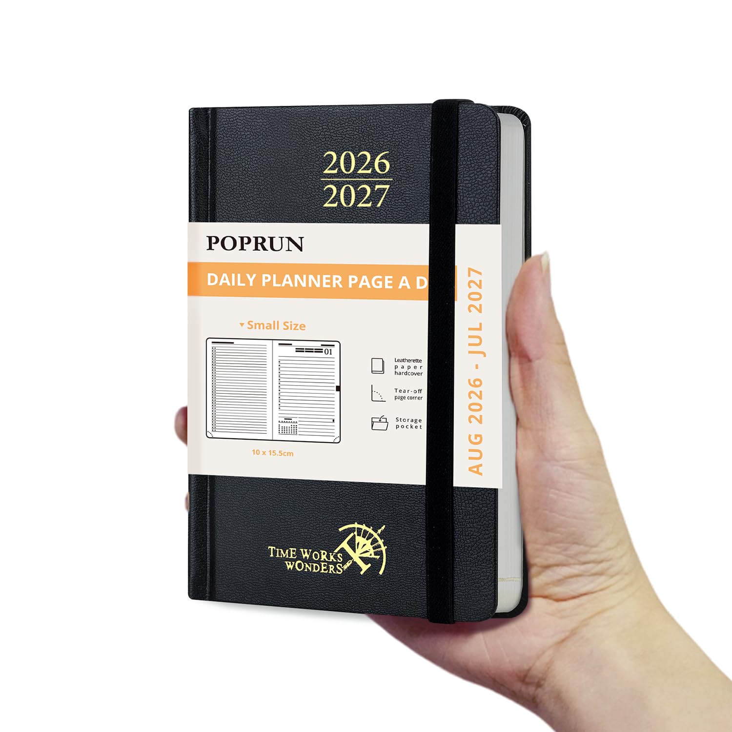 POPRUN Academic Pocket Diary 2026-2027 Day to Page A6 Hardback Mid Year Daily 26/27 Planner (Aug'26 - Jul'27) A Day per Page 1 Hour Interval Appointment Book(Black)