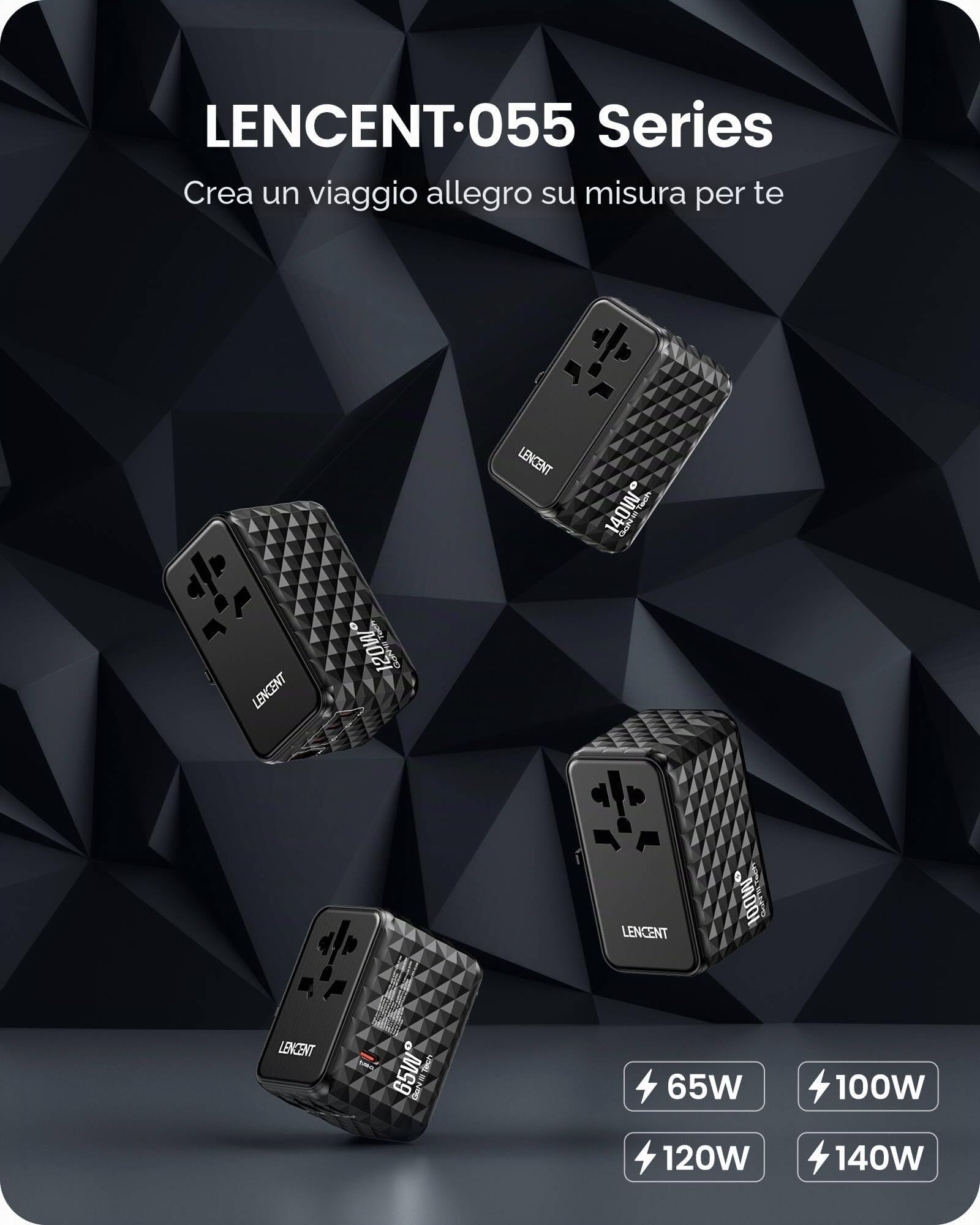 LENCENT 100W Adattatore Universale da Viaggio, Adattatore Presa | con 2 USB-A & 2 USB-C, Caricatore USB Rapida per Telefono Cellulare, Laptop, Spina Internazionale per UK, EU, AUS, USA -Nero