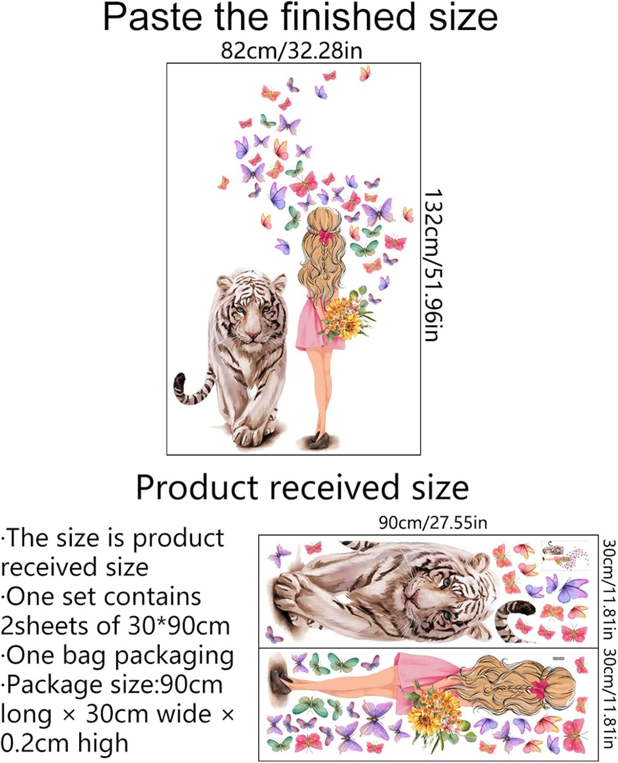 Tiger Girl Wall Sticker Mural Fairy Purple Butterfly Flower Sticker Background DIY Decorative Girl Children's Bedroom Living Room Mural : Tools & Home Improvement