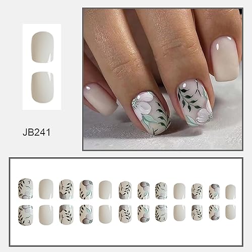 Miniatura 10 de 24 uñas postizas cuadradas de punta francesa con diamantes de imitación y flores, uñas acrílicas brillantes de cobertura completa para mujeres y