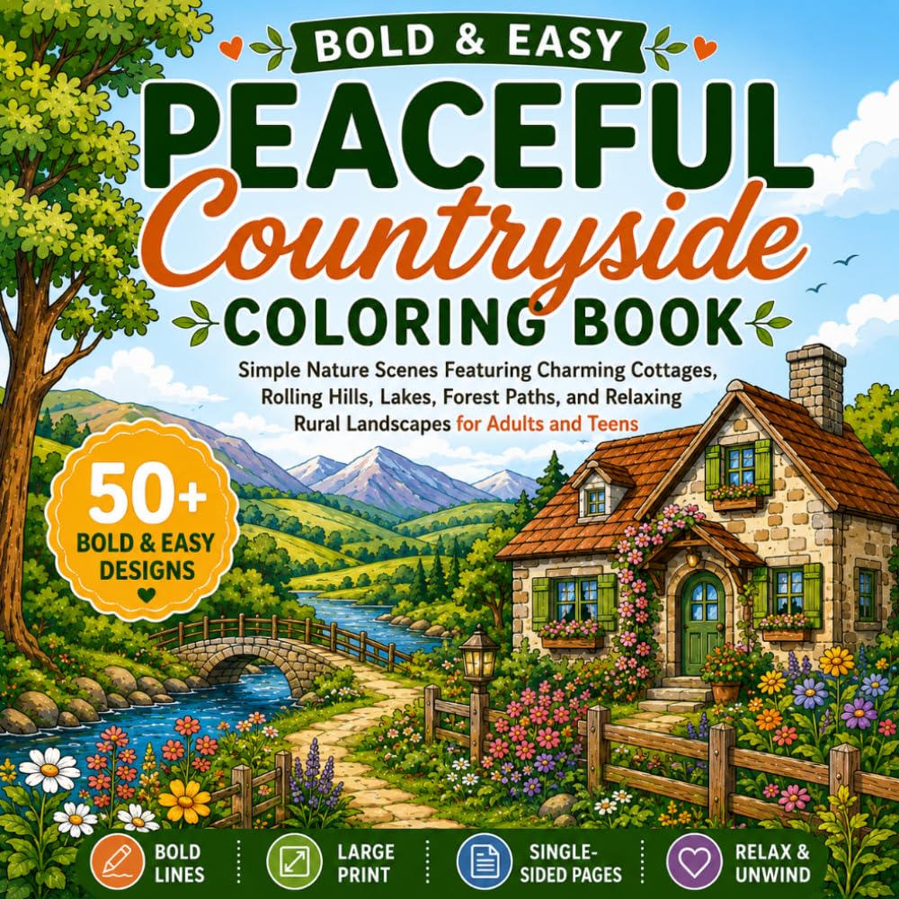Bold & Easy Peaceful Countryside Coloring Book: Simple Nature Scenes Featuring Charming Cottages, Rolling Hills, Lakes, Forest Paths, and Relaxing Rural Landscapes for Adults and Teens
