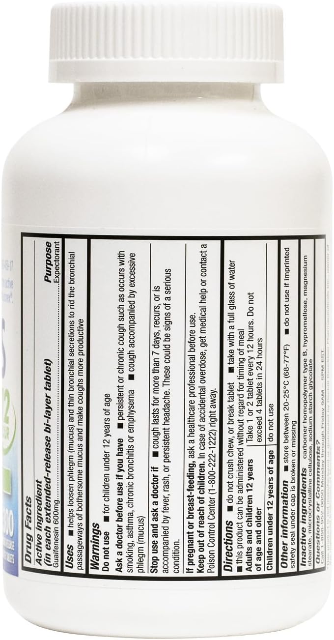 HealthA2Z® Mucus Relief, Guaifenesin 600 mg, 12 Hour Relief, Dye Free, No Benzene Expectorant, Relieves Chest Congestion, Thins and Loosens Mucus, Extended Release (300 Counts)