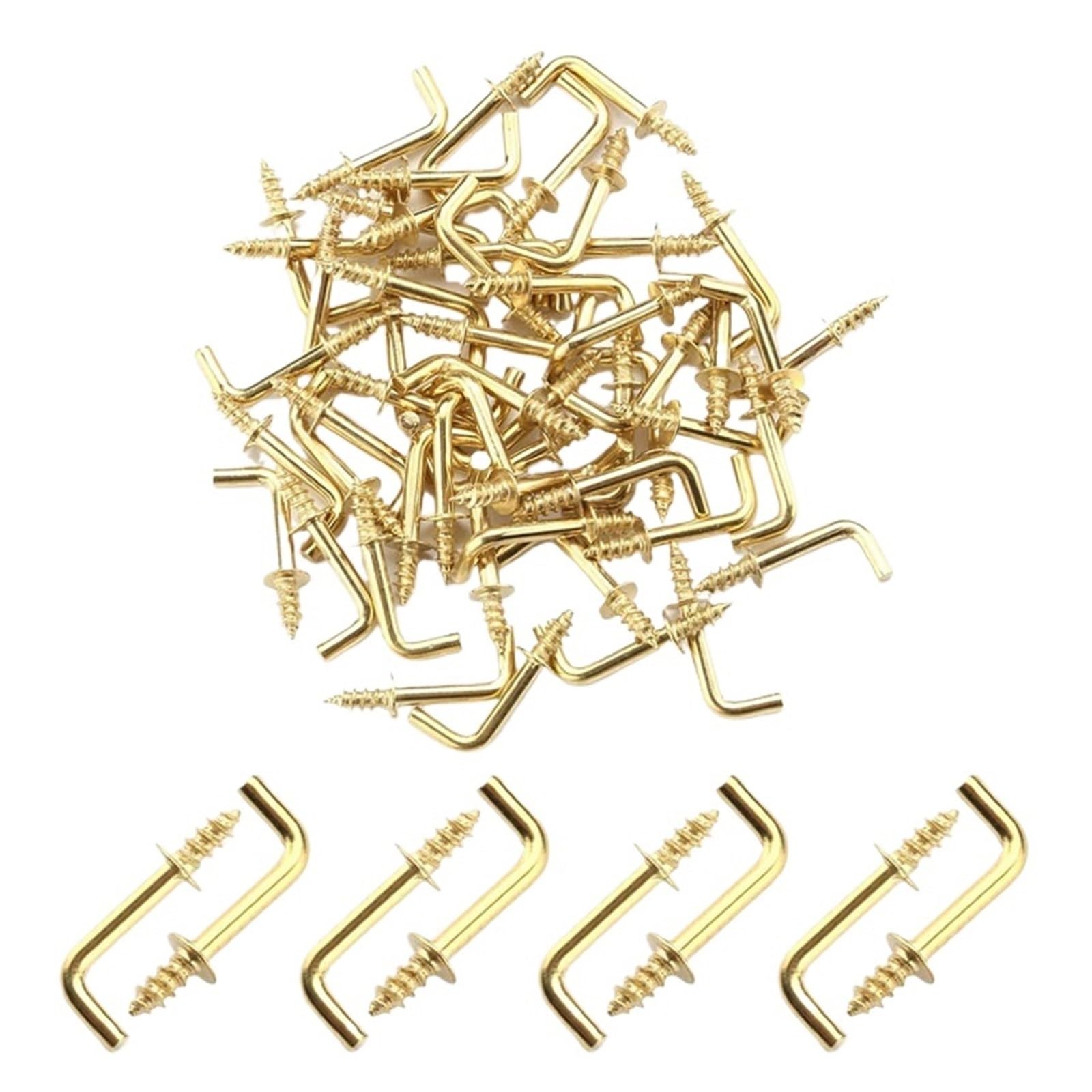 L Hooks Screw Ceiling Hooks， Self-Tapping Right-Angle Hook Screws Pack of 50 Gold 20-32mm(20mm Hook)(32mm Hook)