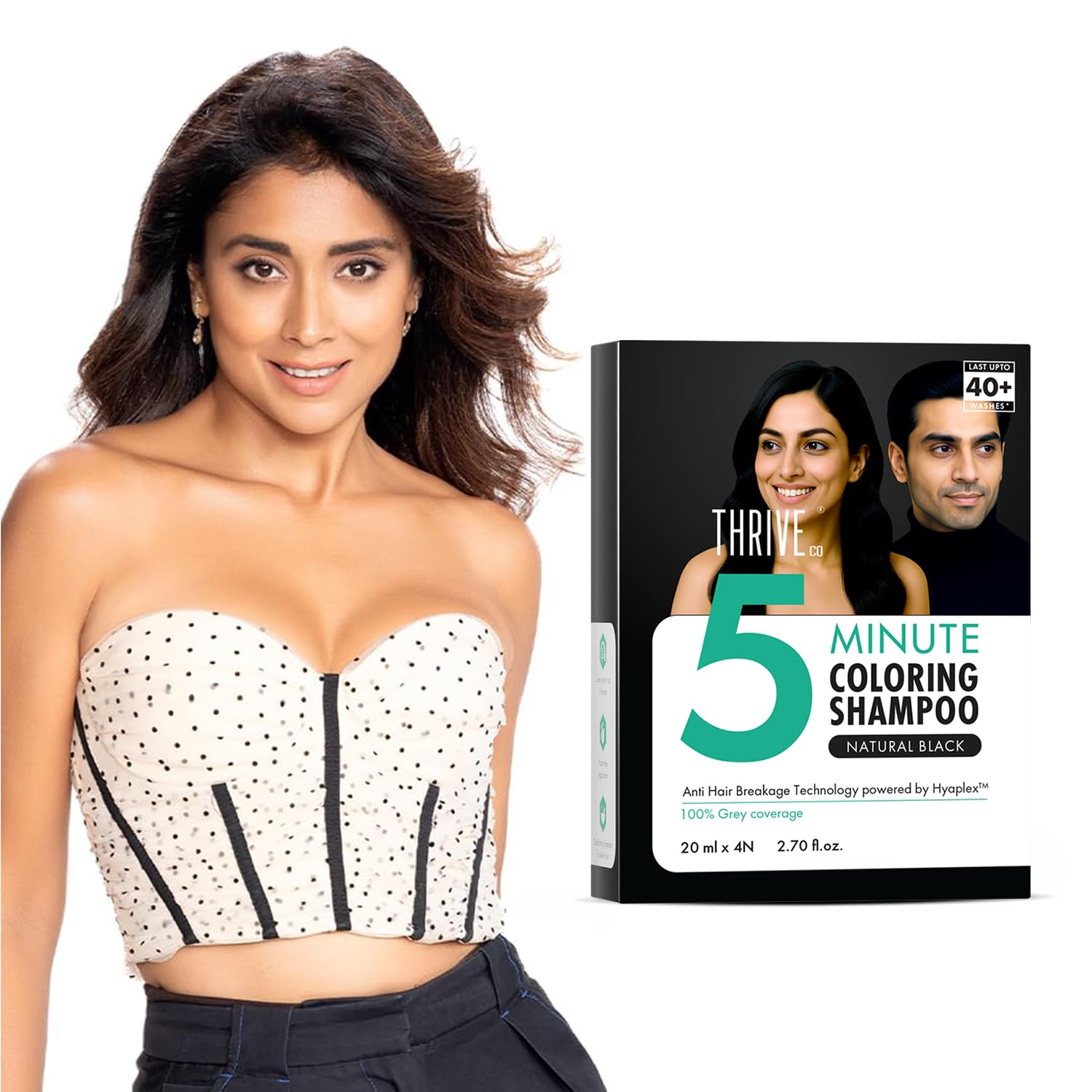 ThriveCo Hair Coloring Shampoo, Natural Black | 5-Minute Instant Hair Dye Color Shampoo | 100% Coverage for Grey Hair | Ammonia-Free, Long Lasting | Glossy Finish with Hyaplex™ | for Men & Women | Pack of 4 x 20ml (80ml)