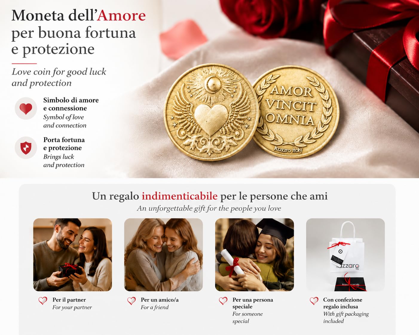 Pièce d’amour pour chance et protection: Amor Vincit Omnia. Idée cadeau femme, homme, maman, grands-parents, Saint-Valentin, anniversaires, occasions spéciales. Métal plaqué or. Made in Italy