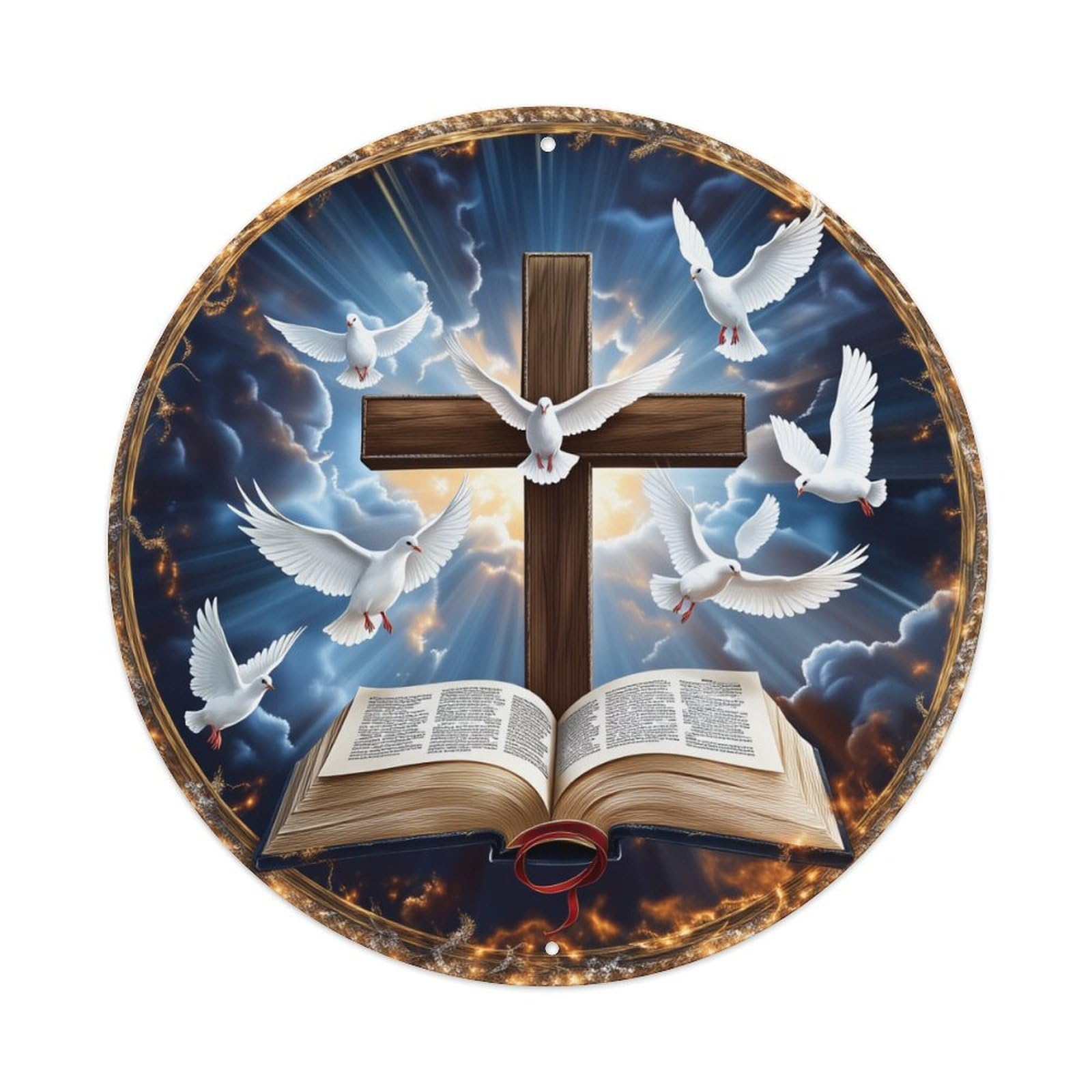 Cross Doves Bible Sky Light Round Tin Sign Retro Metal Sign for Cafe Bar Pub Home Game Room Gym Club Wall Decoration Vintage Metal Poster 8x8 Inch