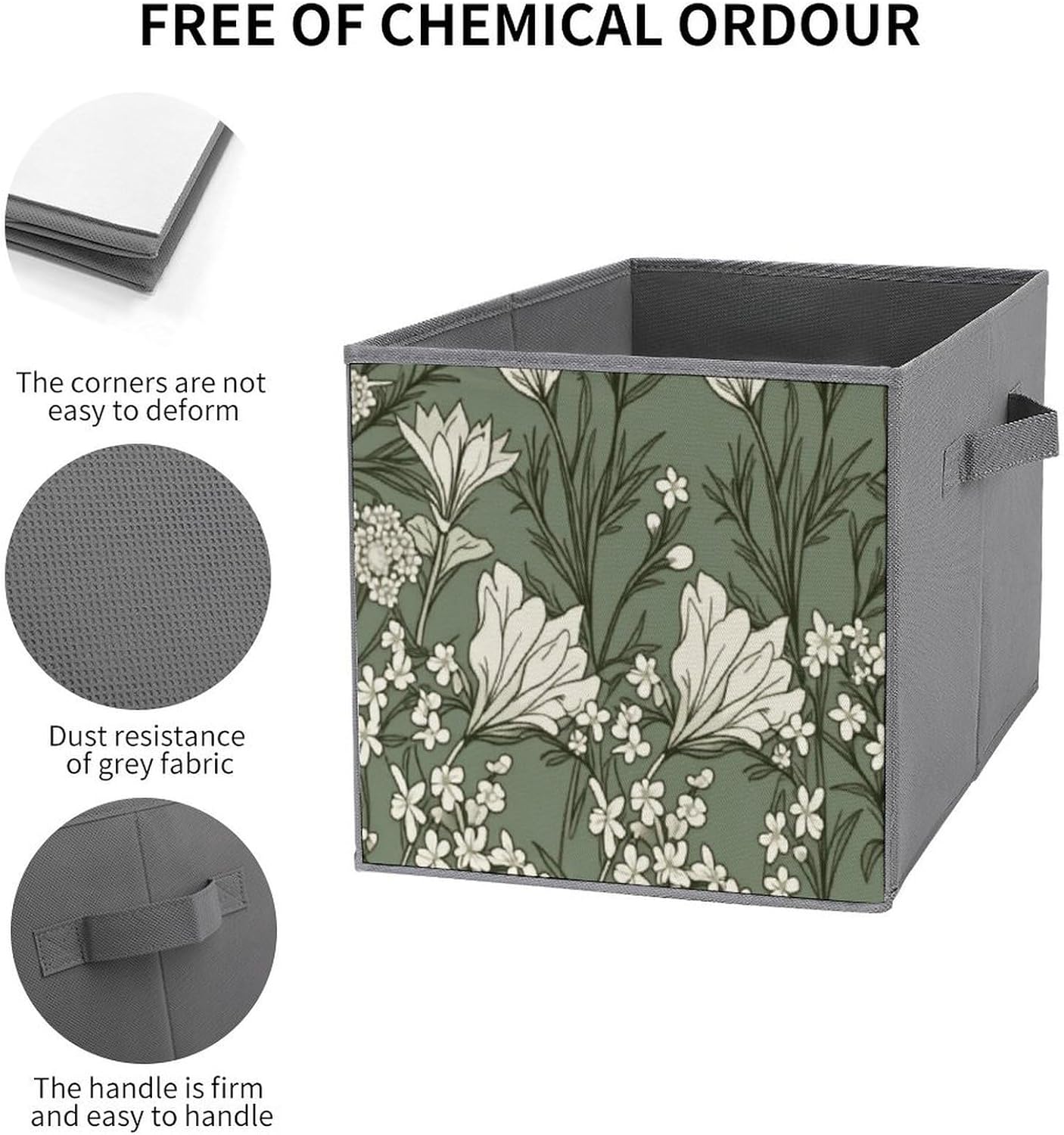 Vintage Floral Green White 10.6 Inch Cube Storage Bin Foldable Fabric Storages Cubes Organizer with Handles for Shelves Closet Bedroom Clothes 6PCS